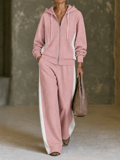 CLEARANCE SALE🔥Women’s Color-Block Zip-Up Hooded Jacket and Wide-Leg Pants Two-Piece Set