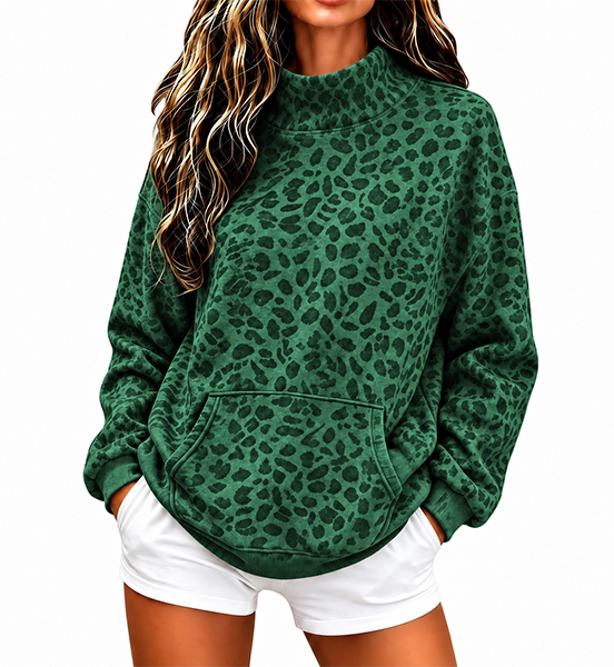 CLEARANCE SALE💥Women’s Leopard Print Mock Neck Relaxed Fit Pullover Sweatshirt with Kangaroo Pocket
