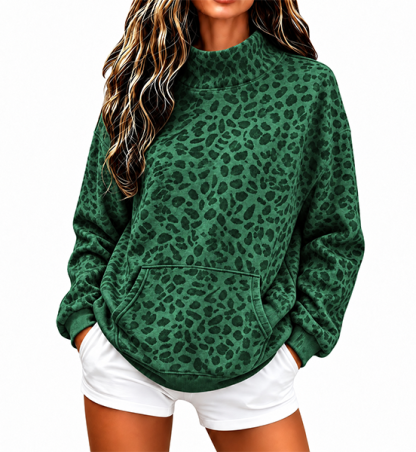 CLEARANCE SALE💥Women’s Leopard Print Mock Neck Relaxed Fit Pullover Sweatshirt with Kangaroo Pocket