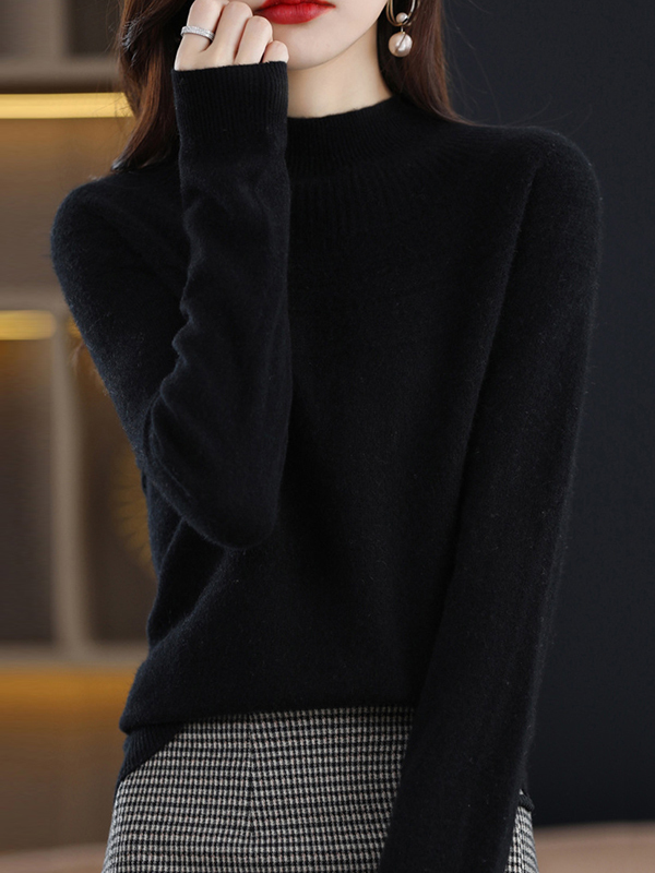 Office Raglan Sleeve Hollow Solid Color High-Neck Sweater Tops