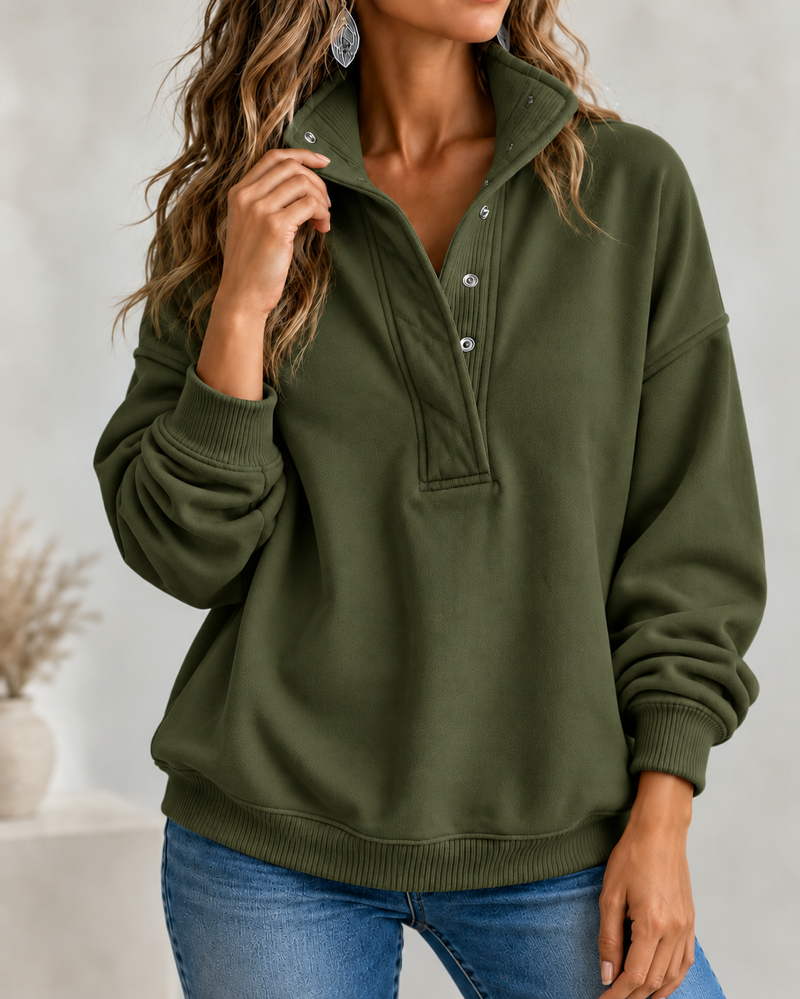 CLEARANCE SALE🔥Women's Loose Fit Henley Button Sweatshirt