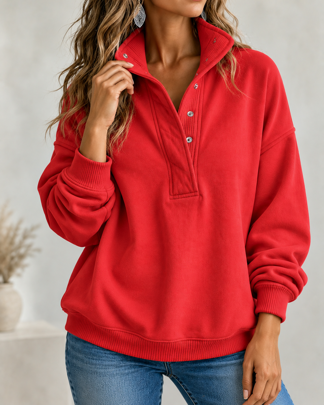 CLEARANCE SALE🔥Women's Loose Fit Henley Button Sweatshirt