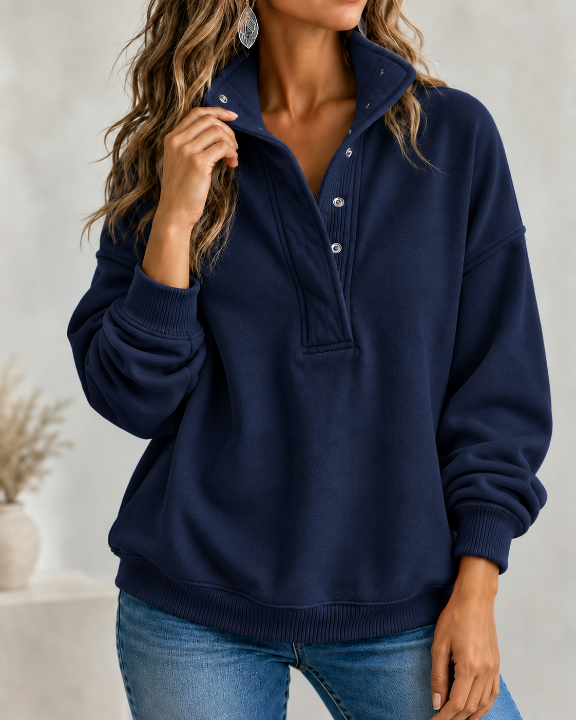 CLEARANCE SALE🔥Women's Loose Fit Henley Button Sweatshirt
