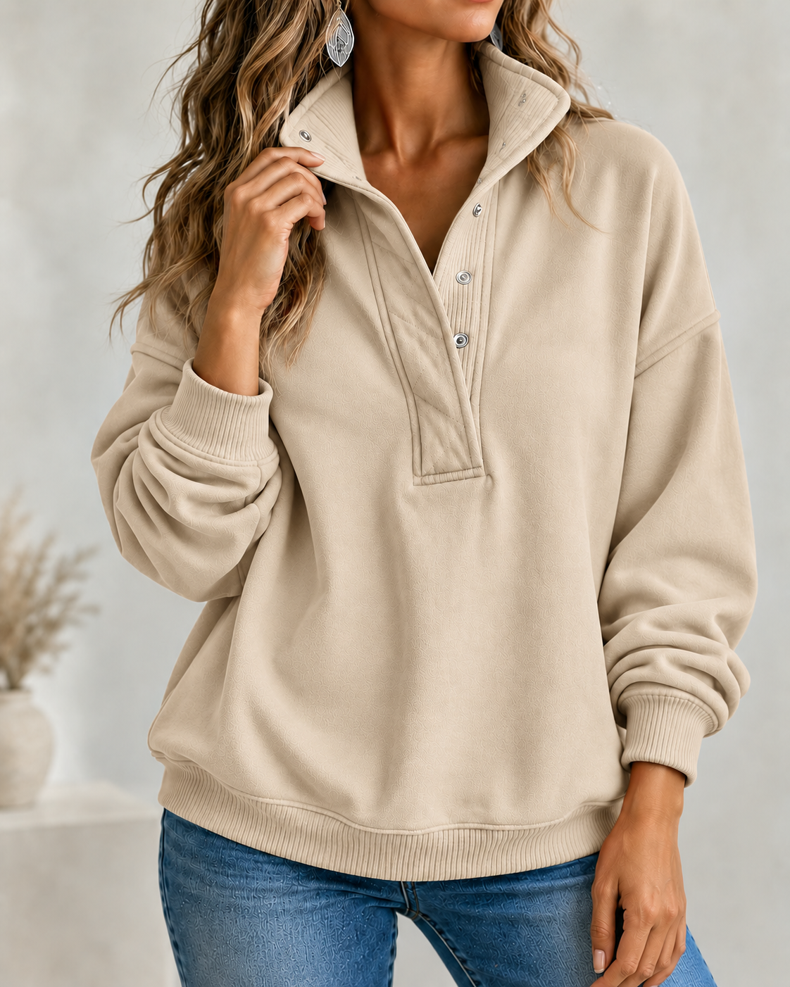 CLEARANCE SALE🔥Women's Loose Fit Henley Button Sweatshirt