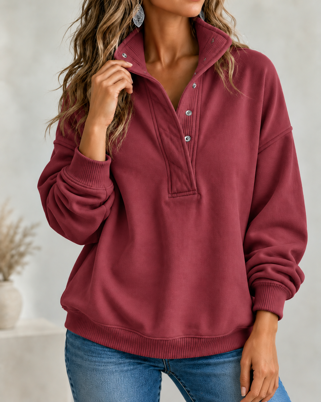 CLEARANCE SALE🔥Women's Loose Fit Henley Button Sweatshirt