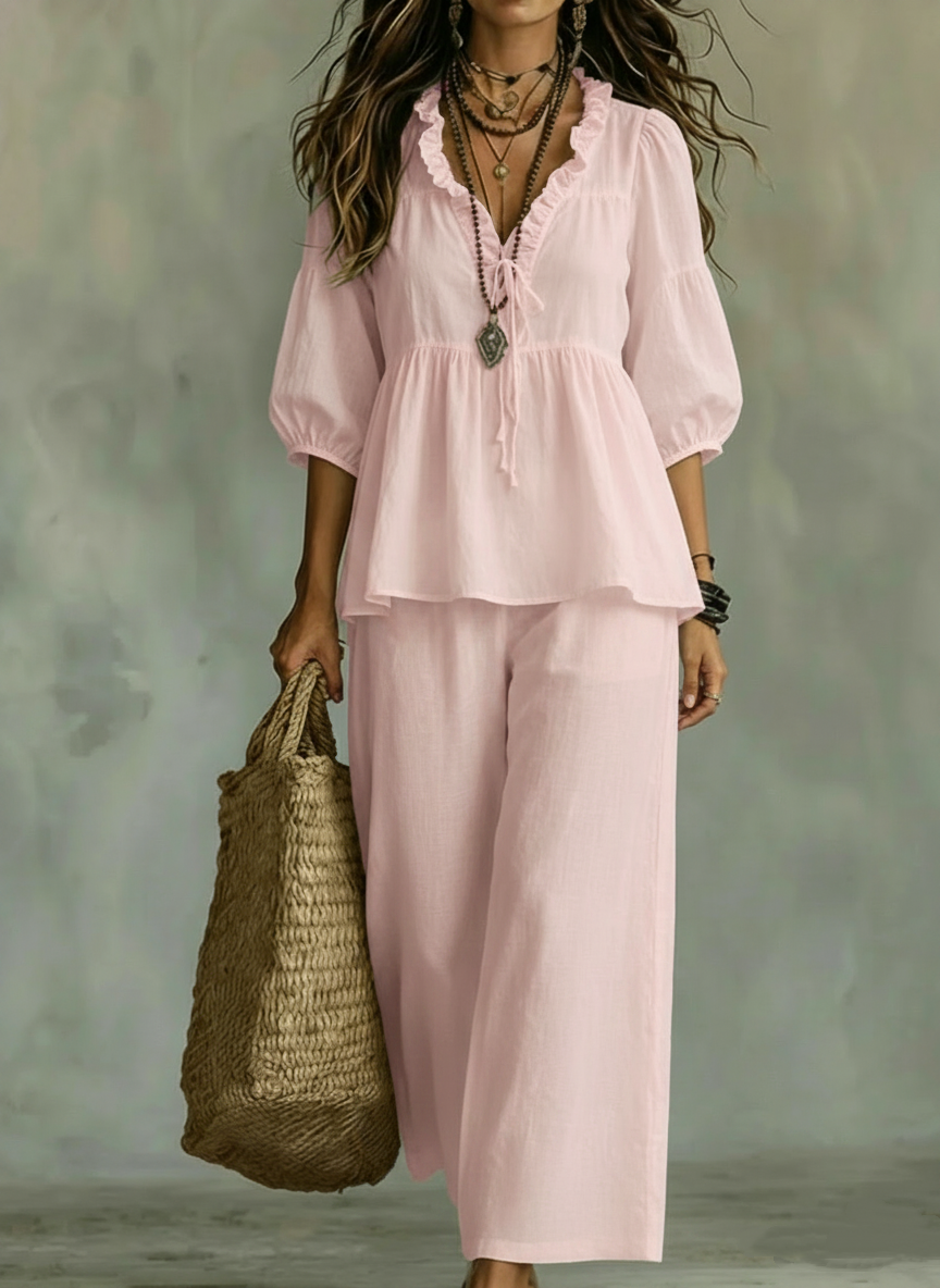 New Arrivals💥 Women's Casual ruffled collar cotton and linen two-piece set