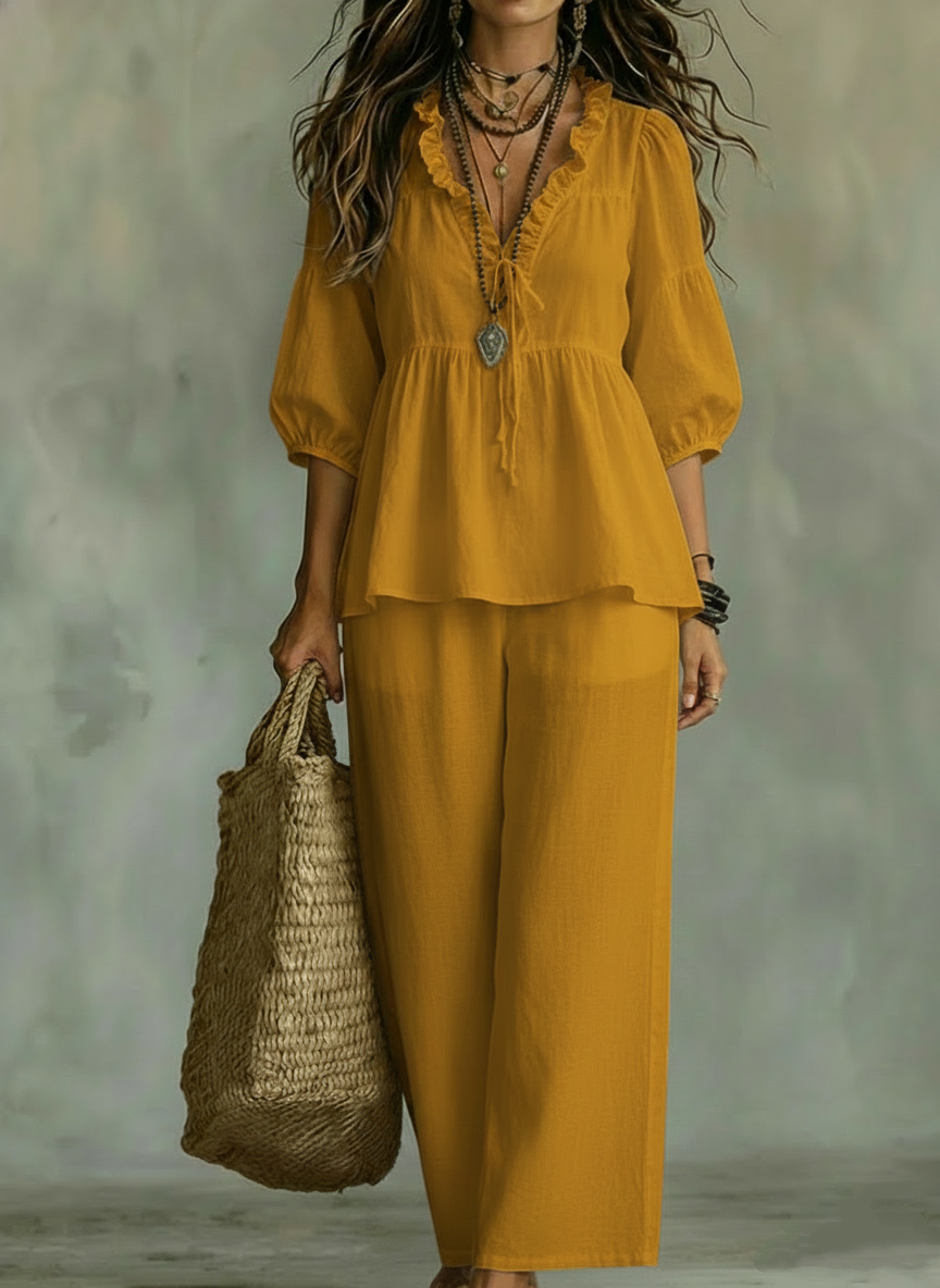New Arrivals💥 Women's Casual ruffled collar cotton and linen two-piece set