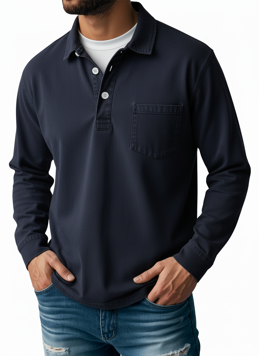 Men's Retro Lapel Button Pocket Casual Long Sleeve POLO Shirt