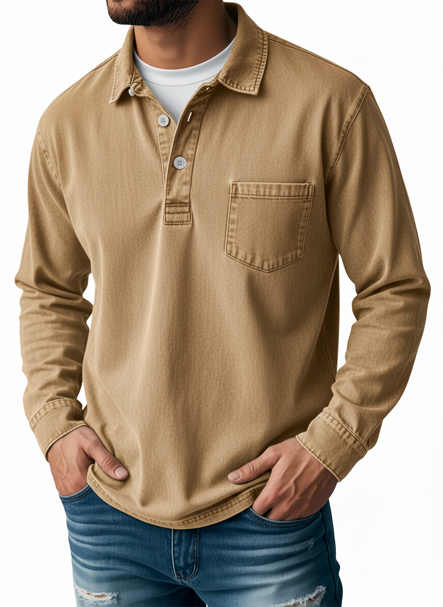 Men's Retro Lapel Button Pocket Casual Long Sleeve POLO Shirt