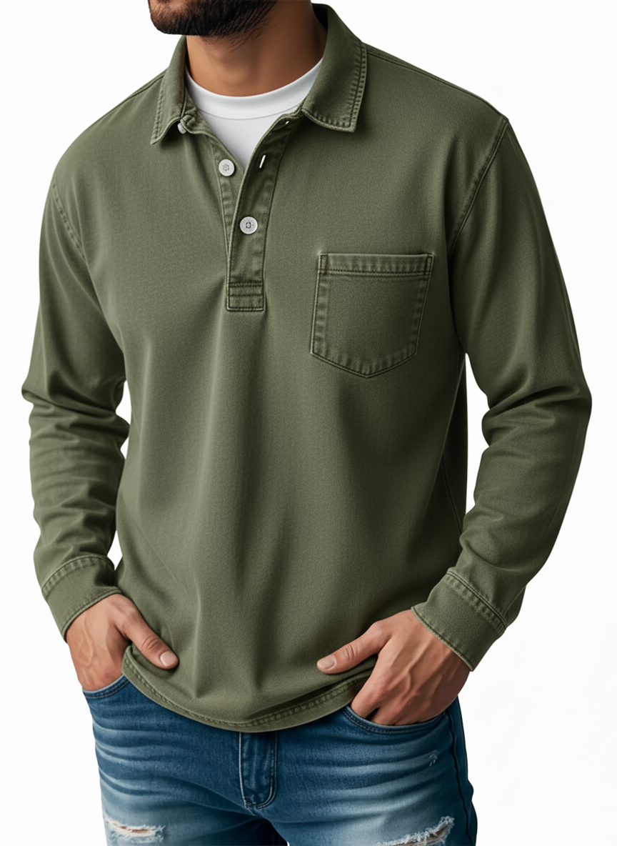 Men's Retro Lapel Button Pocket Casual Long Sleeve POLO Shirt