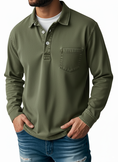 Men's Retro Lapel Button Pocket Casual Long Sleeve POLO Shirt