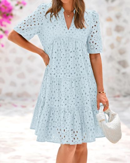 HOT SALE Women's V Neck Short Sleeve Hollow Out Lace Ruffle Summer Dresses