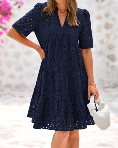 HOT SALE Women's V Neck Short Sleeve Hollow Out Lace Ruffle Summer Dresses