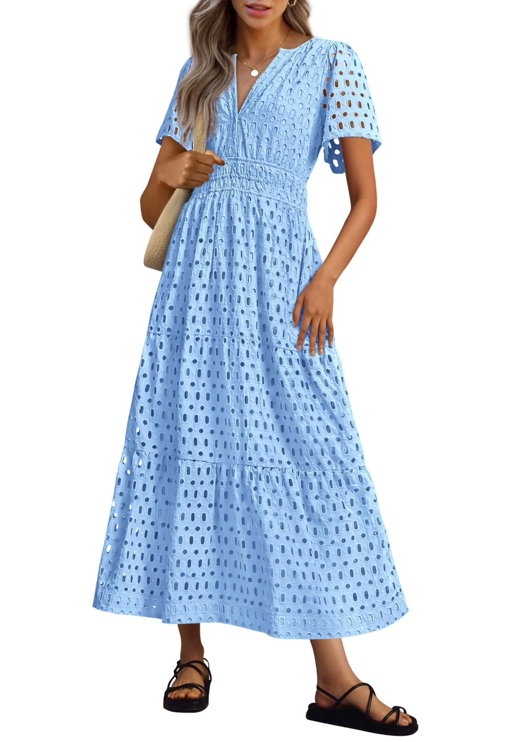 Womens 2025 Summer Maxi Dress Short Sleeve V Neck Hollow Out Eyelet A Line Long Flowy Beach Vacation Dresses