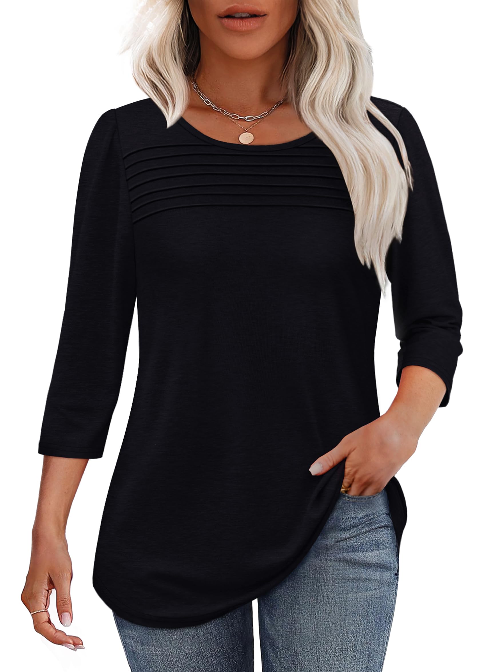 2025 New Women's 3/4 Length Sleeve Top Pleated Front T-Shirt