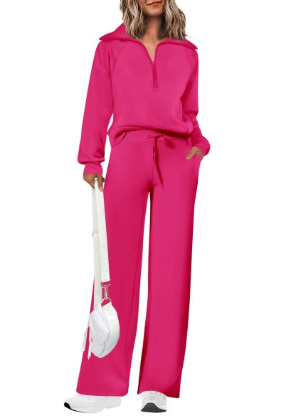 Women's Cotton Two-Piece Outfits Lapel Half-Zip Sweatshirt Wide Leg Sweatpants Casual Suit