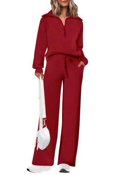 Women's Cotton Two-Piece Outfits Lapel Half-Zip Sweatshirt Wide Leg Sweatpants Casual Suit