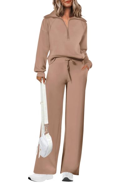 Women's Cotton Two-Piece Outfits Lapel Half-Zip Sweatshirt Wide Leg Sweatpants Casual Suit