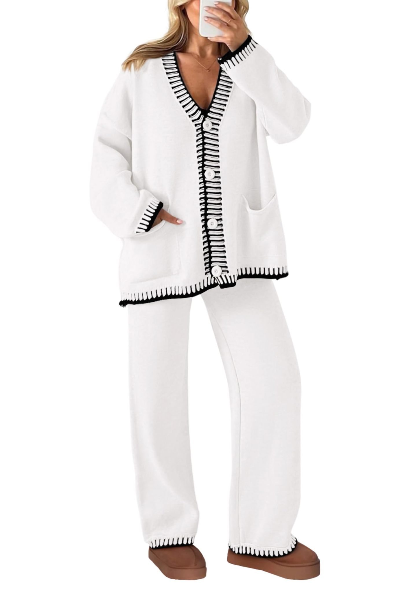 NEW🔥 2024 Women's Cotton Two-Piece Knit Leisure Suit Long Sleeved V Neck Cardigan Sweater Wide Legged Pants Sportswear