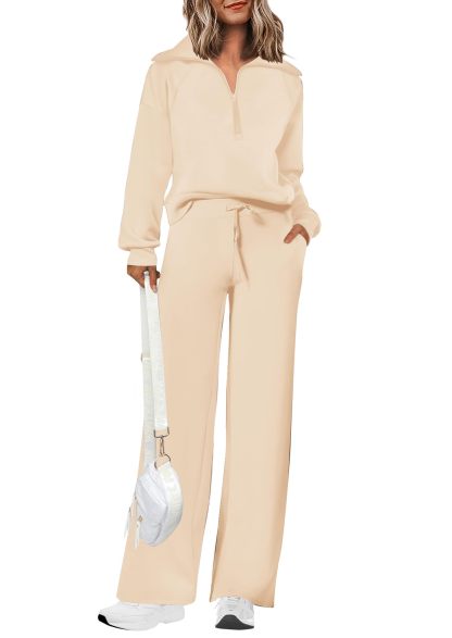 Women's Cotton Two-Piece Outfits Lapel Half-Zip Sweatshirt Wide Leg Sweatpants Casual Suit