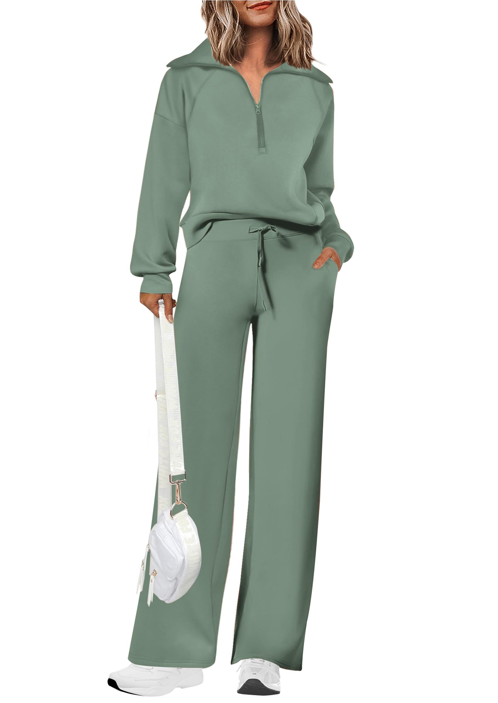 Women's Cotton Two-Piece Outfits Lapel Half-Zip Sweatshirt Wide Leg Sweatpants Casual Suit