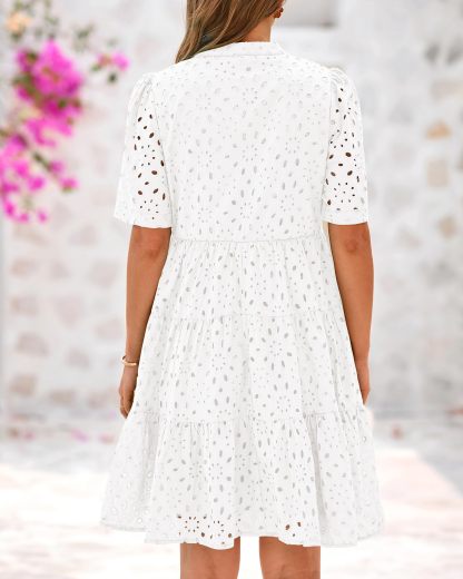 HOT SALE Women's V Neck Short Sleeve Hollow Out Lace Ruffle Summer Dresses