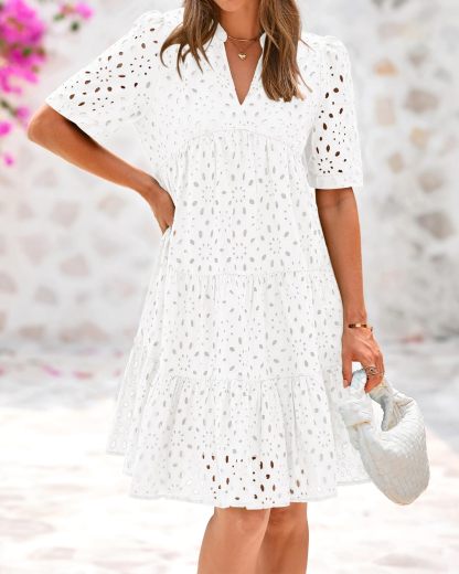 HOT SALE Women's V Neck Short Sleeve Hollow Out Lace Ruffle Summer Dresses