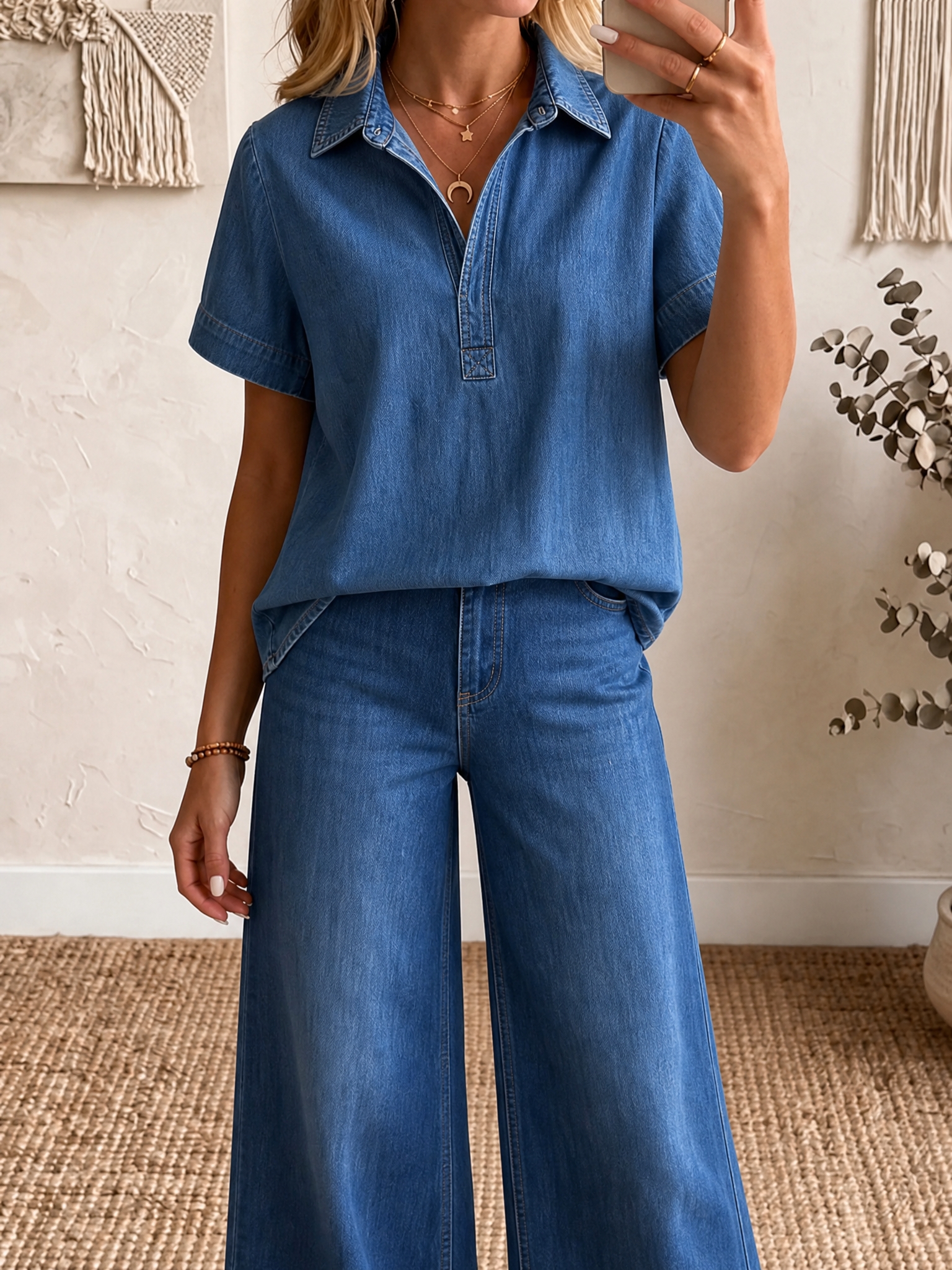 Today 49% off🔥Women’s Denim Short-Sleeve Top And Wide-Leg Pants Set