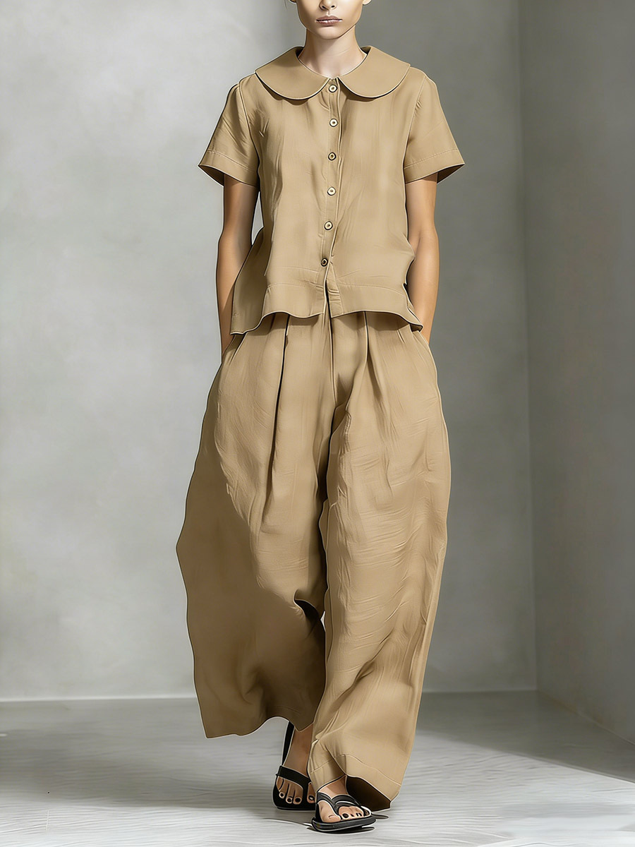 Women’s Cotton Linen Peter Pan Collar Top & Wide-Leg Pants Set