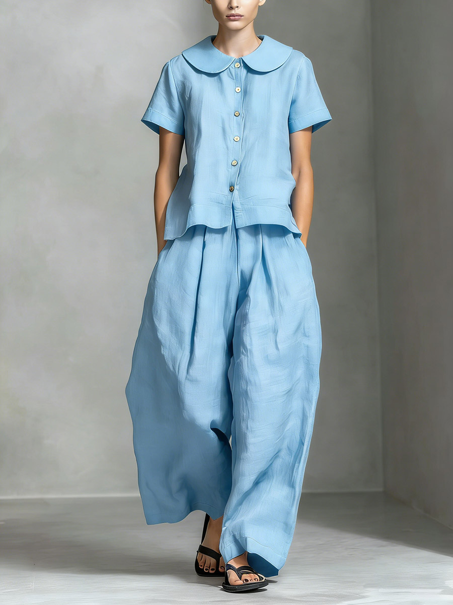 Women’s Cotton Linen Peter Pan Collar Top & Wide-Leg Pants Set