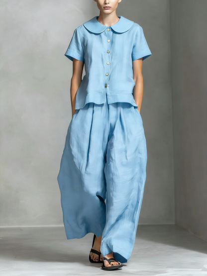 Women’s Cotton Linen Peter Pan Collar Top & Wide-Leg Pants Set