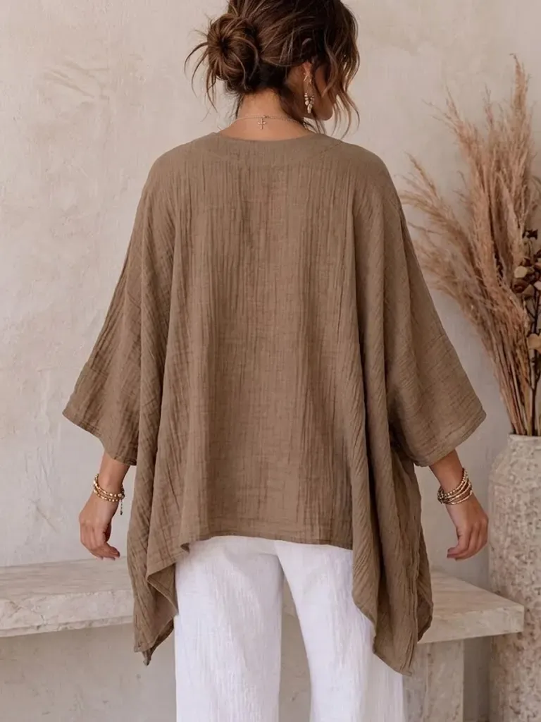 Women's Casual Loose Batwing Sleeve Tie Cotton Linen Top