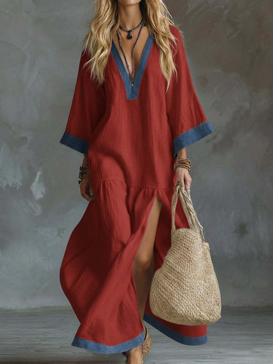 Loose And Cozy Patchwork Denim Dress With Contrasting Trim.