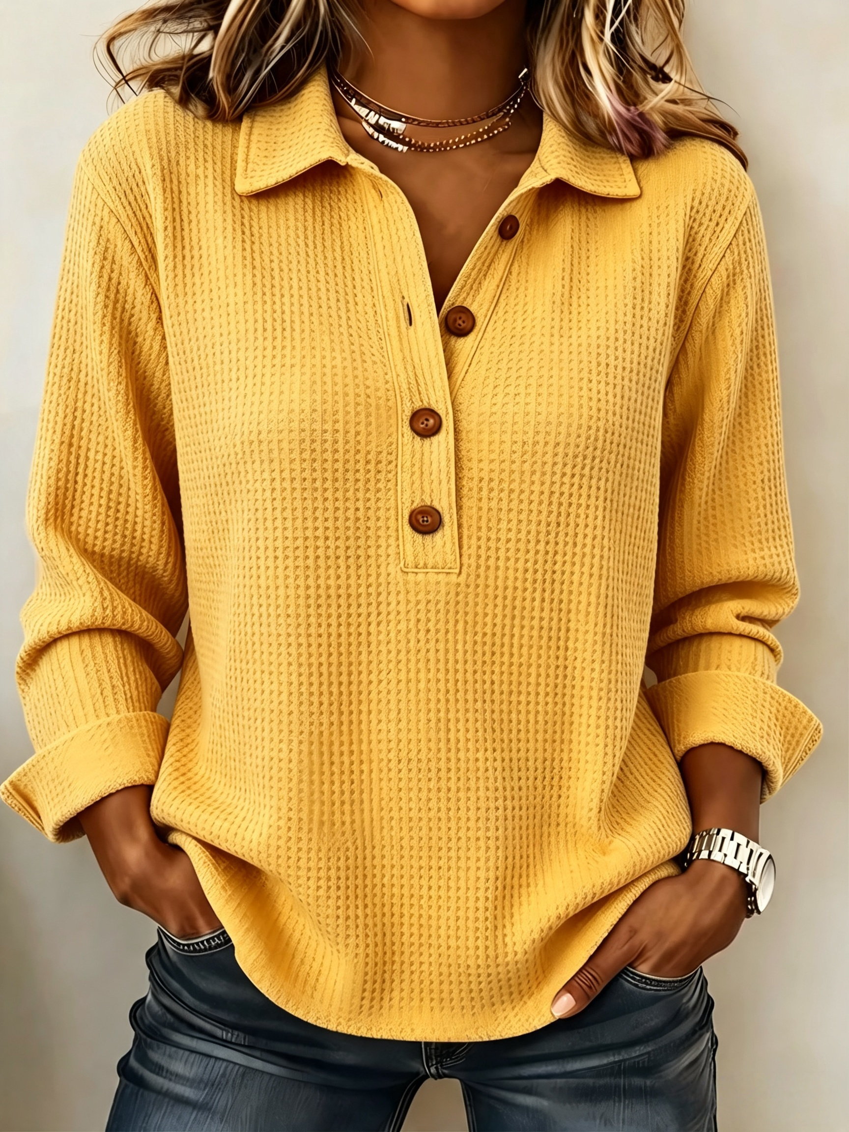 CLEARANCE SALE🔥Women's Cozy Casual Lapel Collar Waffle Knit Pullover