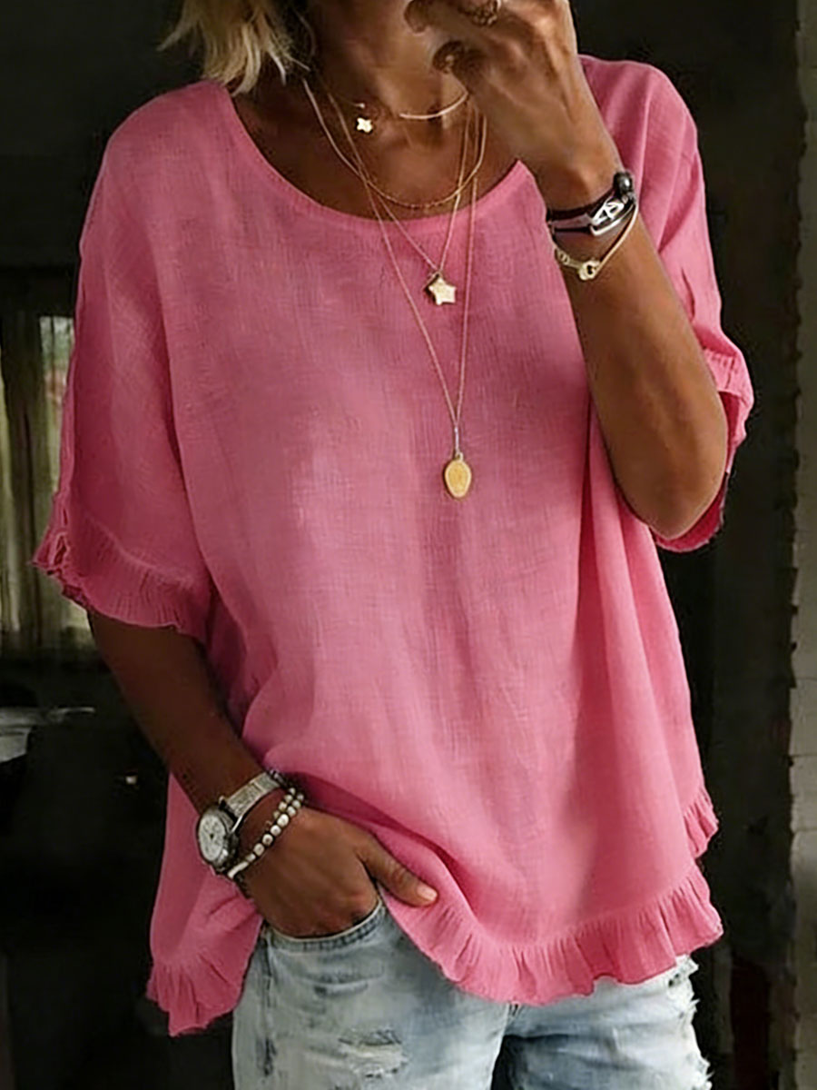 Women's Short-sleeved Round Neck Cotton Linen Solid Color Loose Shirt