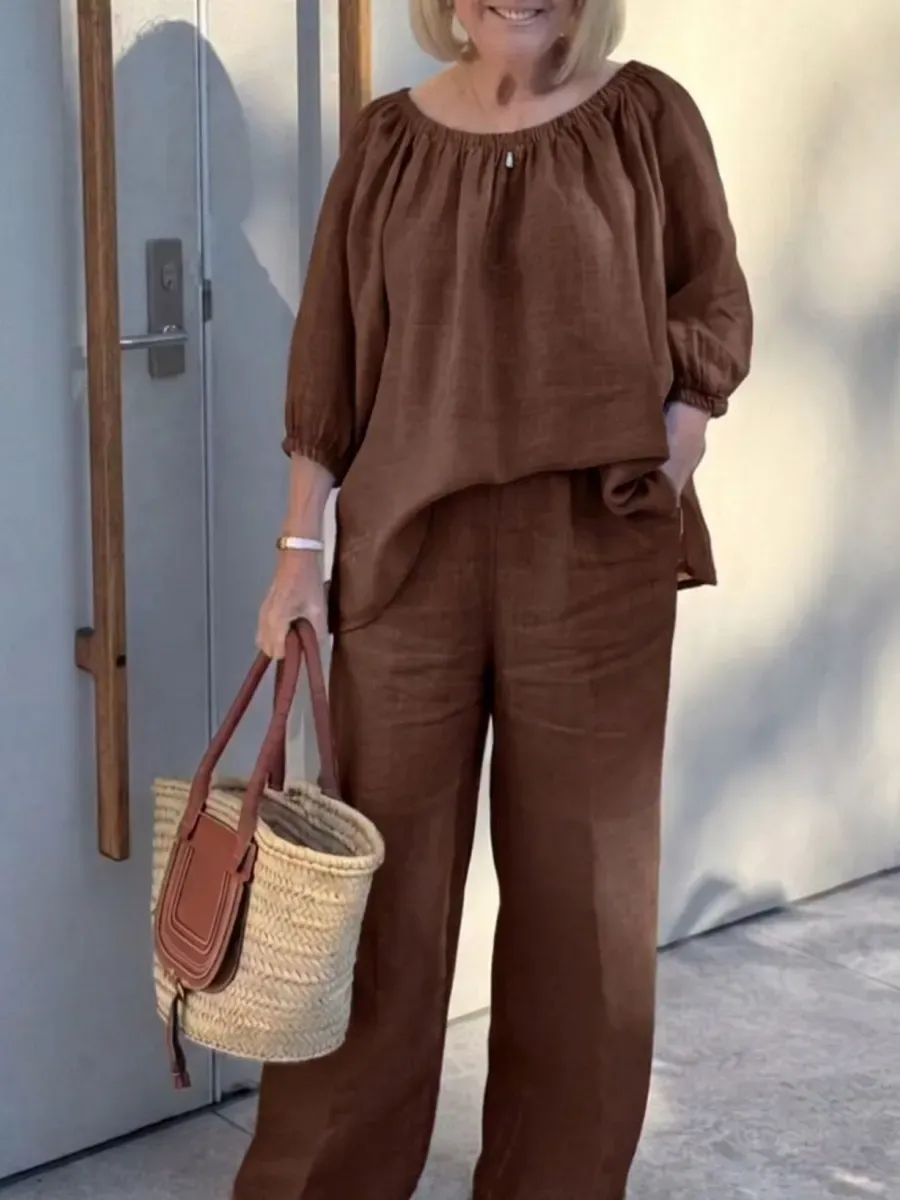 Women'S Linen Shirt And Trousers Two-Piece Set