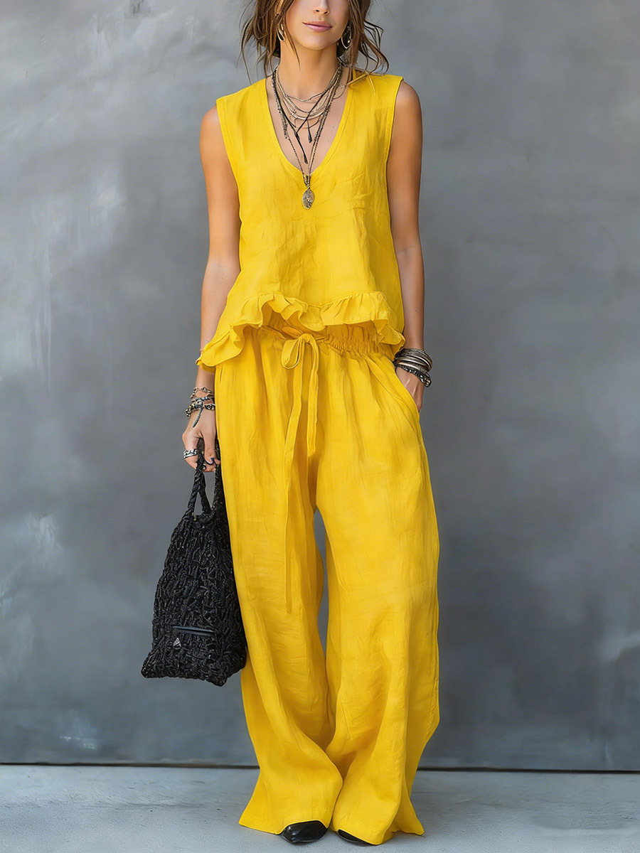 Women's V-neck Sleeveless Casual Loose Cotton Top With Elastic Waist And Wide-leg Pants Cotton Linen Set