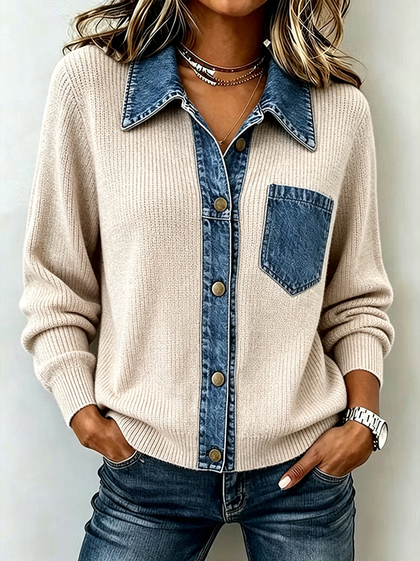 CLEARANCE SALE🔥Women's Denim Patchwork Knit Cardigan