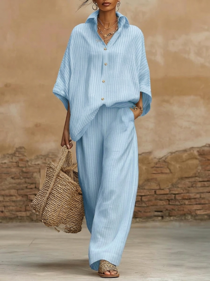 New Arrivals🔥Women's Elegant Classic Striped Shirt And Wide-leg Pants Two-piece Set