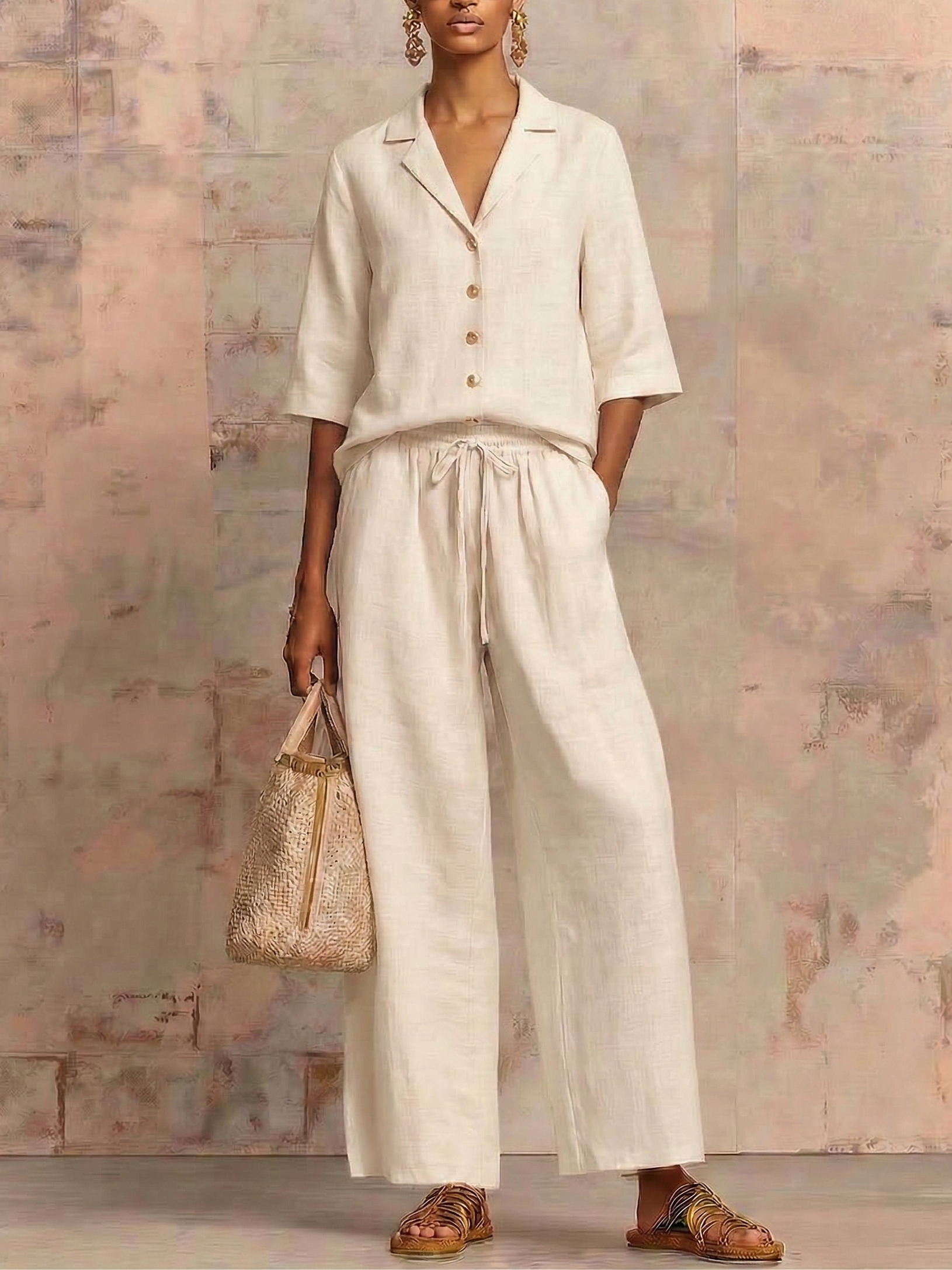 New Arrivals🔥Vintage Cuban Collar Metal Button Linen Cotton Two-piece Set