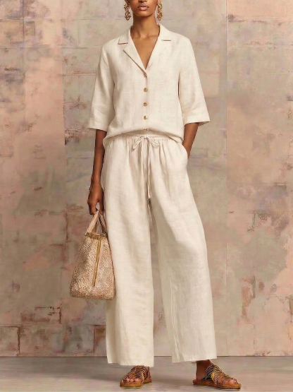 New Arrivals🔥Vintage Cuban Collar Metal Button Linen Cotton Two-piece Set
