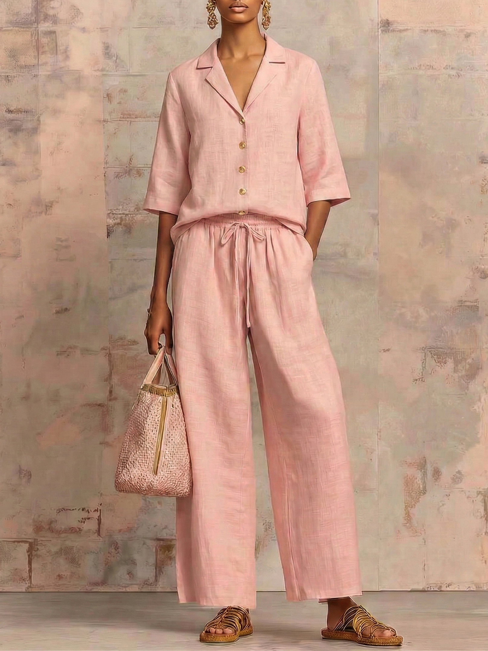 New Arrivals🔥Vintage Cuban Collar Metal Button Linen Cotton Two-piece Set