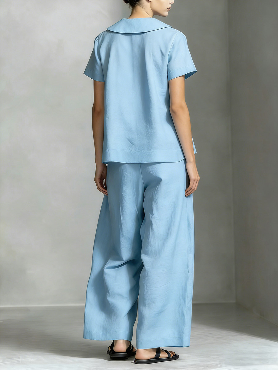 Women’s Cotton Linen Peter Pan Collar Top & Wide-Leg Pants Set