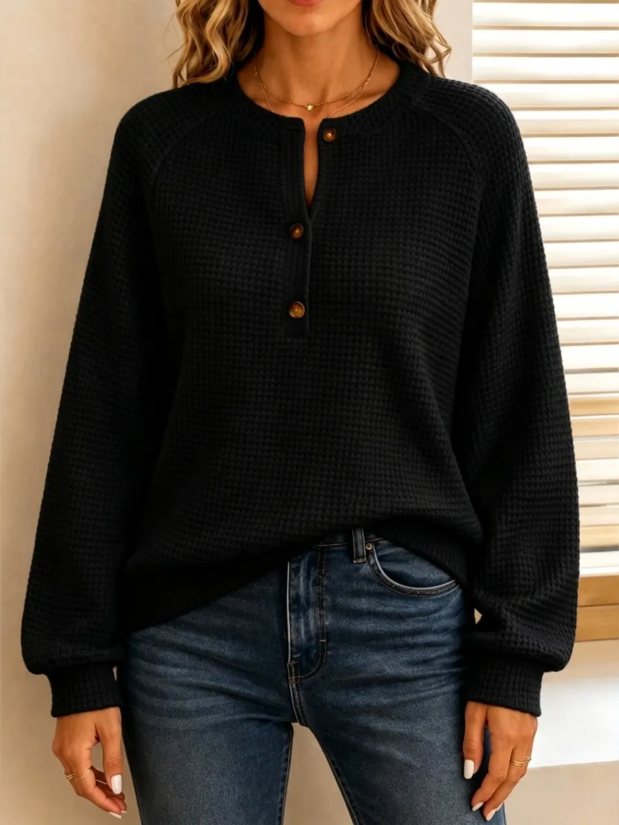 New Arrival🔥 Women's Casual Waffle Knit Henley Long Sleeve Sweater