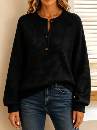 New Arrival🔥 Women's Casual Waffle Knit Henley Long Sleeve Sweater