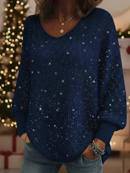 CLEARANCE SALE🔥Christmas Sparkling Cozy V-neck Lantern Sleeve Knit Sweater