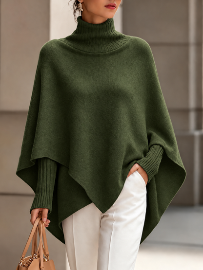 CLEARANCE SALE🔥Women's Solid-Color High-Neck Long-Sleeve Loose-Fit Cape-Style Knit Top