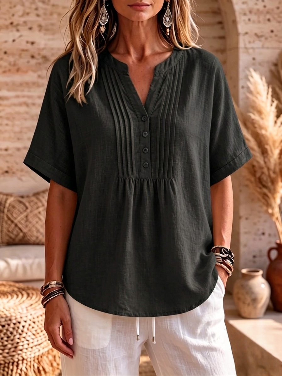 Clearance Sale🔥Women's Pleated V-Neck Linen Blouse