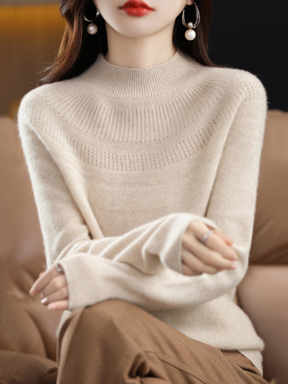 Office Raglan Sleeve Hollow Solid Color High-Neck Sweater Tops