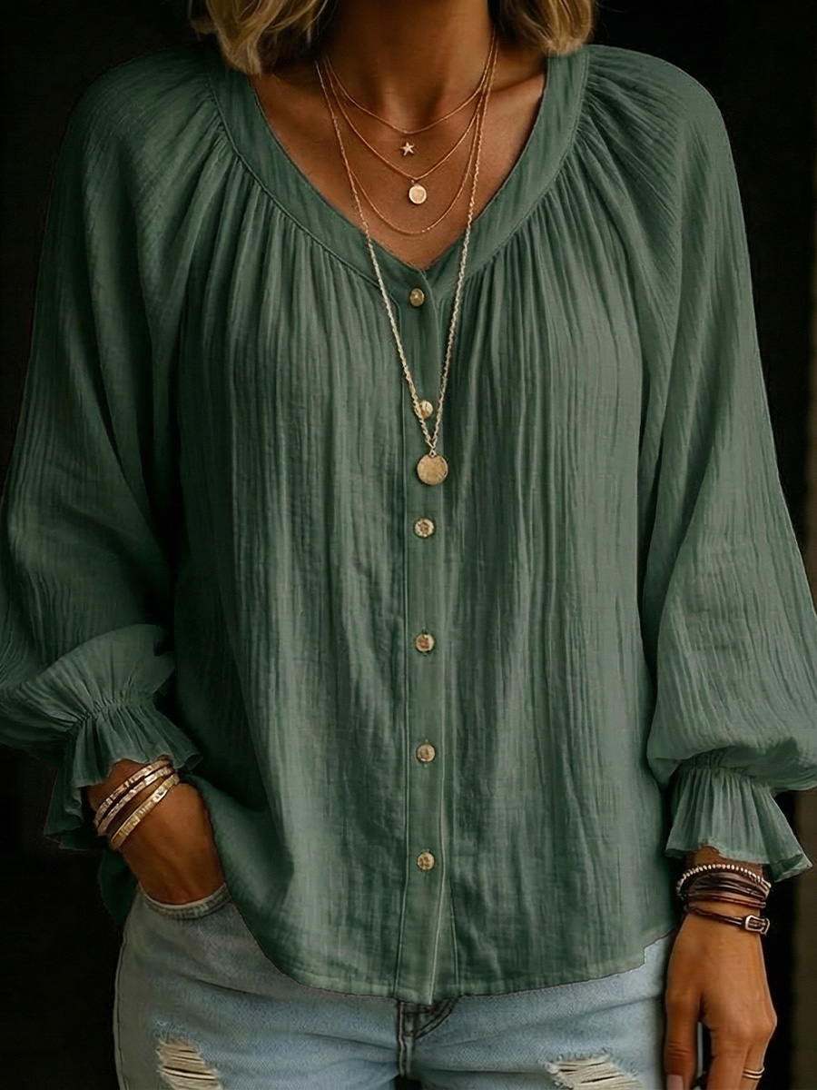 Women's Long Lantern Sleeves Cotton Shirt